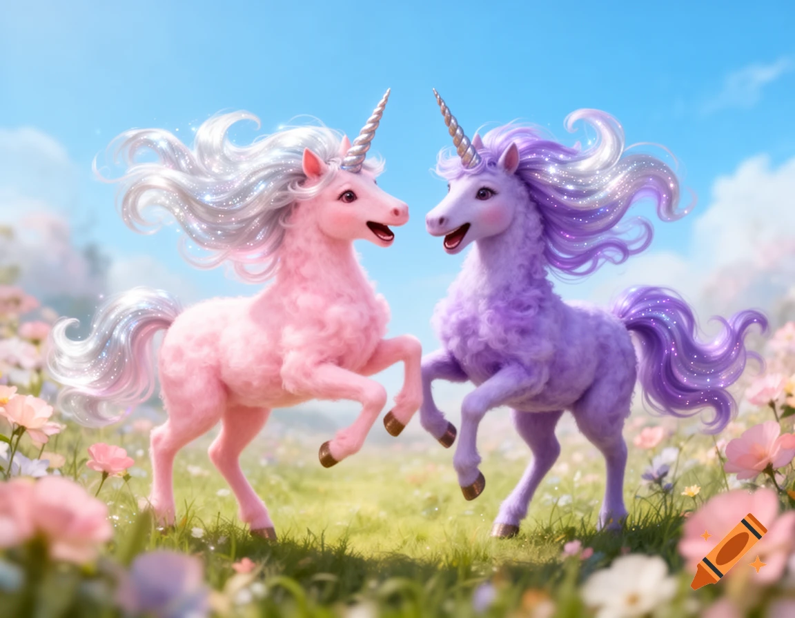 Two fluffy unicorns, one pink and one purple, dance in a whimsical flower field under a blue sky, with sparkling manes and tails.