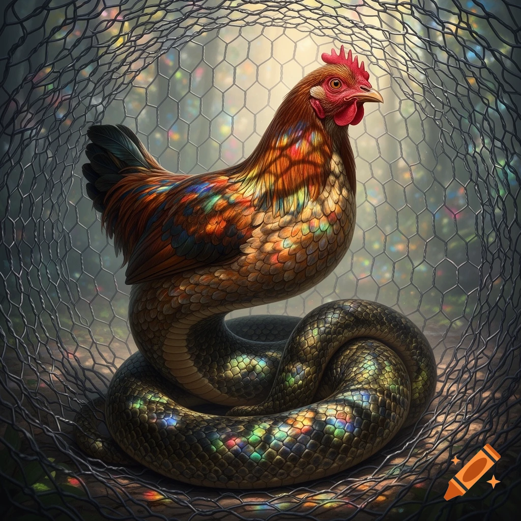 A fantastical chicken-snake hybrid with colorful feathers and iridescent scales, set inside a wire fence.