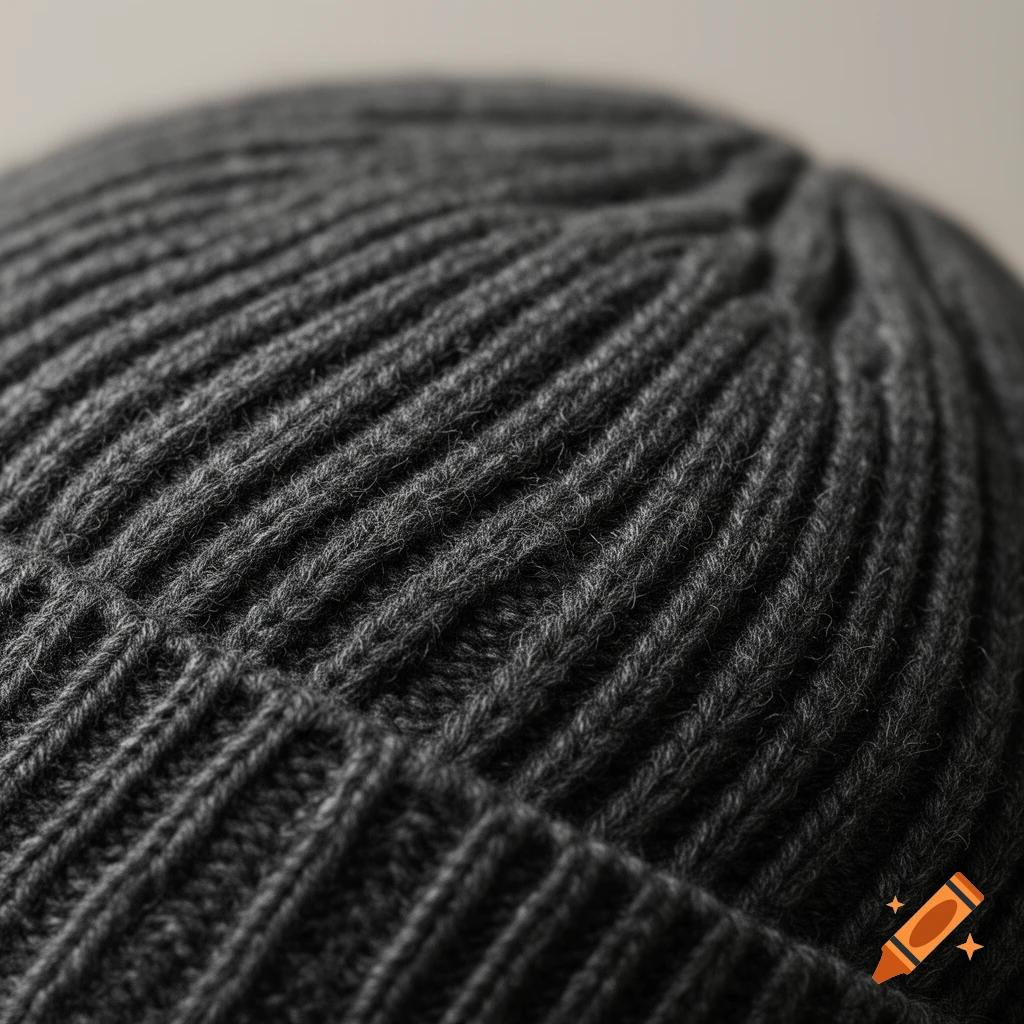 Close-up, detailed view of the dark grey ribbed knit texture of a beanie hat.