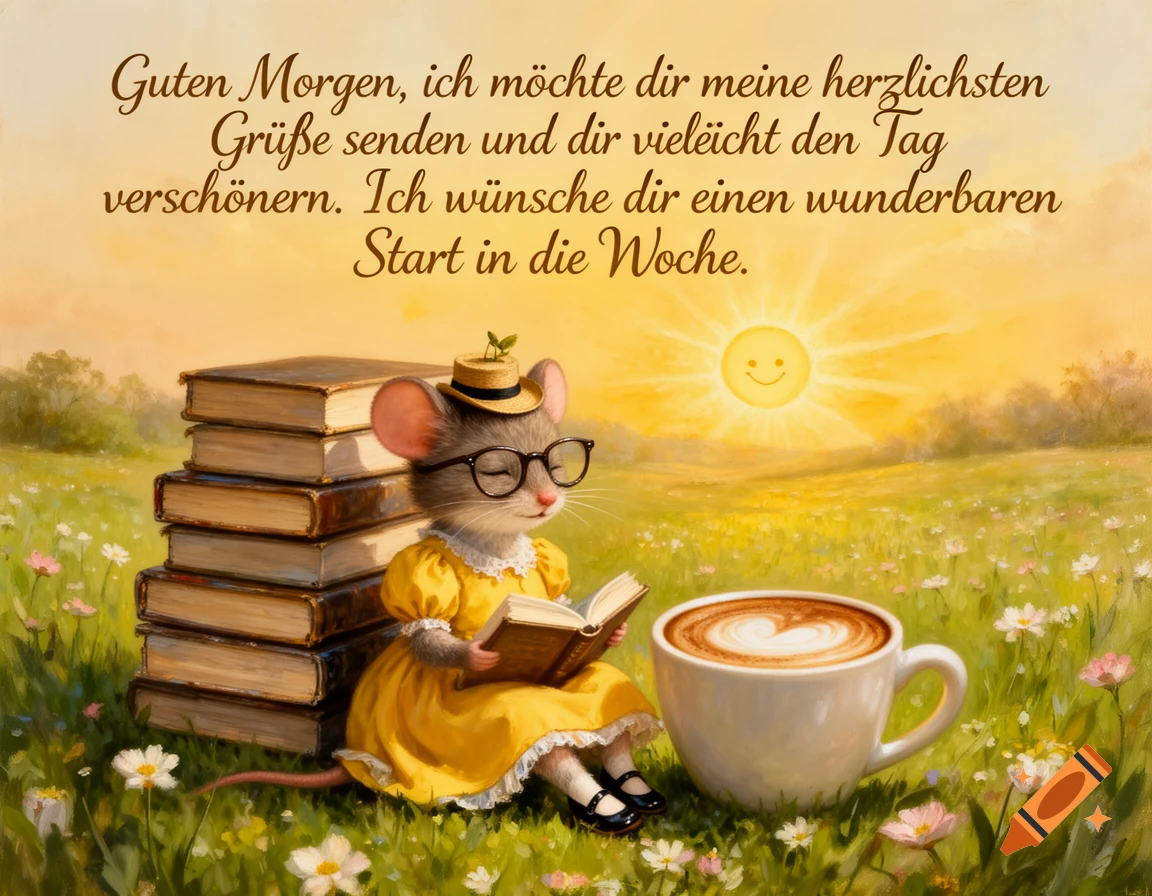 Whimsical oil painting of a mouse reading by books and coffee in a sunny spring meadow with German text.