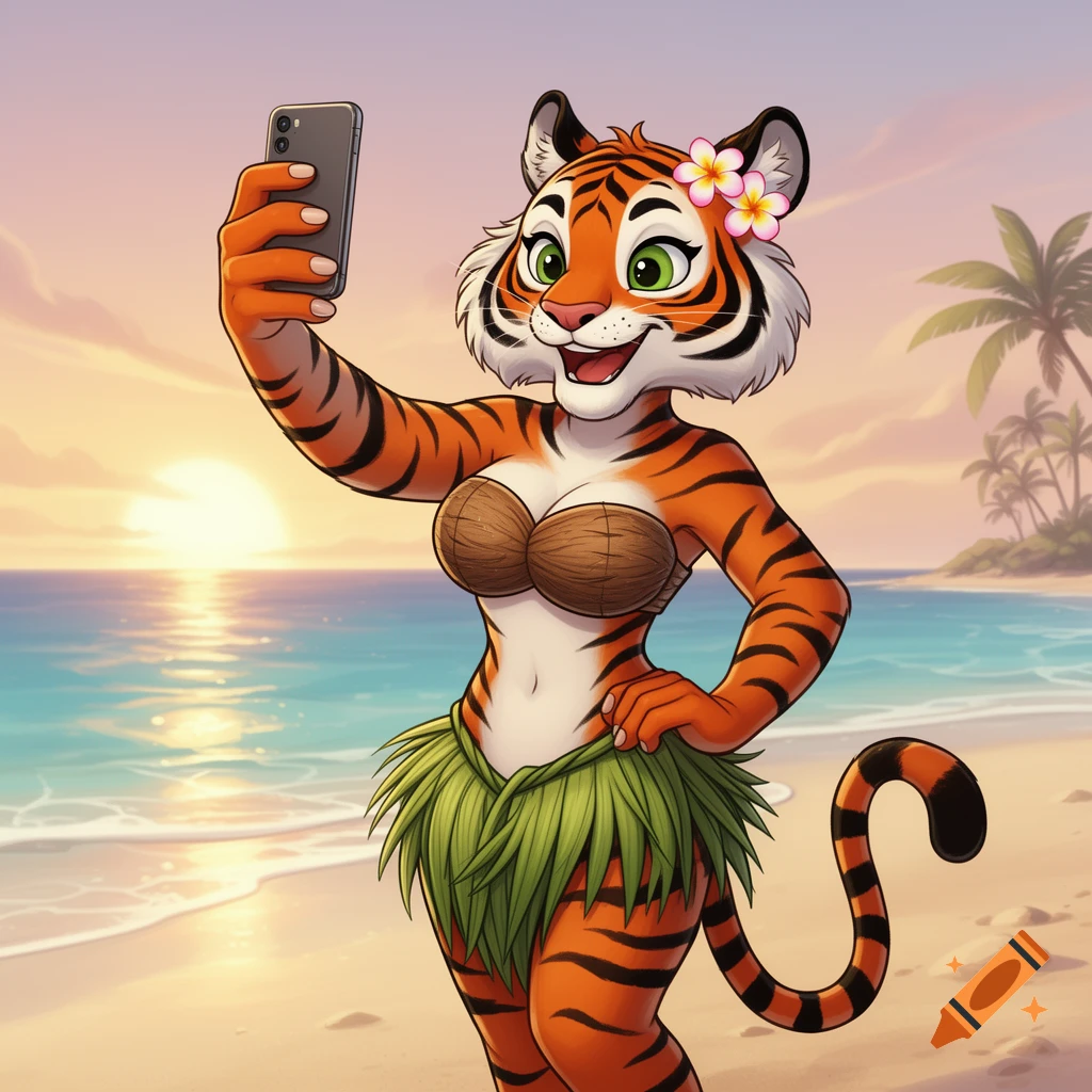 Cartoon anthropomorphic female tiger in a coconut tube top and grass skirt taking a selfie on a beach at sunset.
