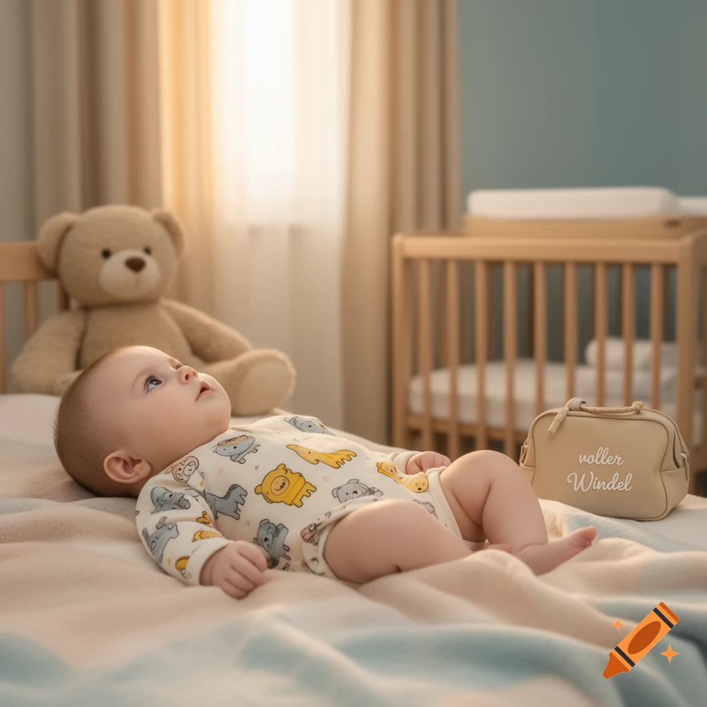 A baby in a patterned onesie lies on a blanket, looking up in a cozy nursery. A teddy bear and crib are in the background, a bag labeled 'voller Windel' sits beside the baby.