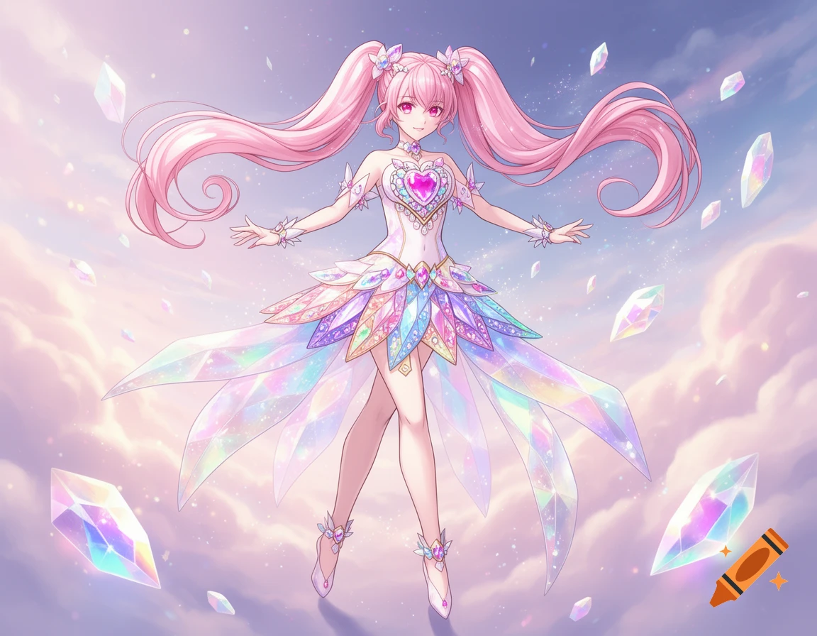 An anime magical girl with pink pigtails and a gem-encrusted outfit floats in a cloudy sky surrounded by crystals.