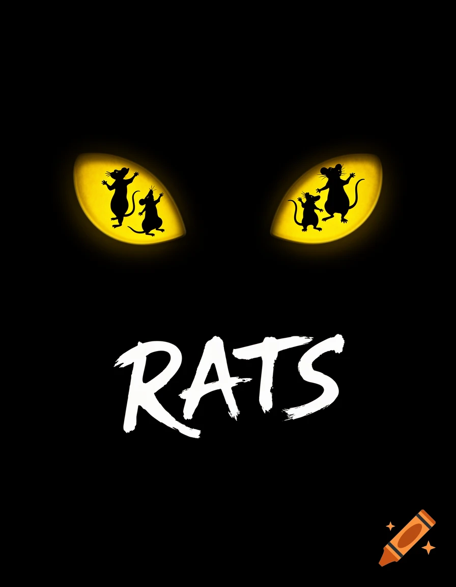 A minimalist black poster with glowing yellow eyes containing dancing rat silhouettes and the word RATS in white brush font.