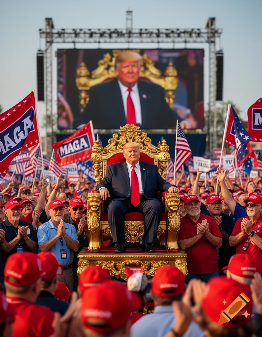 Donald Trump in a suit and red tie sits on an ornate golden throne, addressing a large crowd waving "MAGA" flags at an outdoor rally.