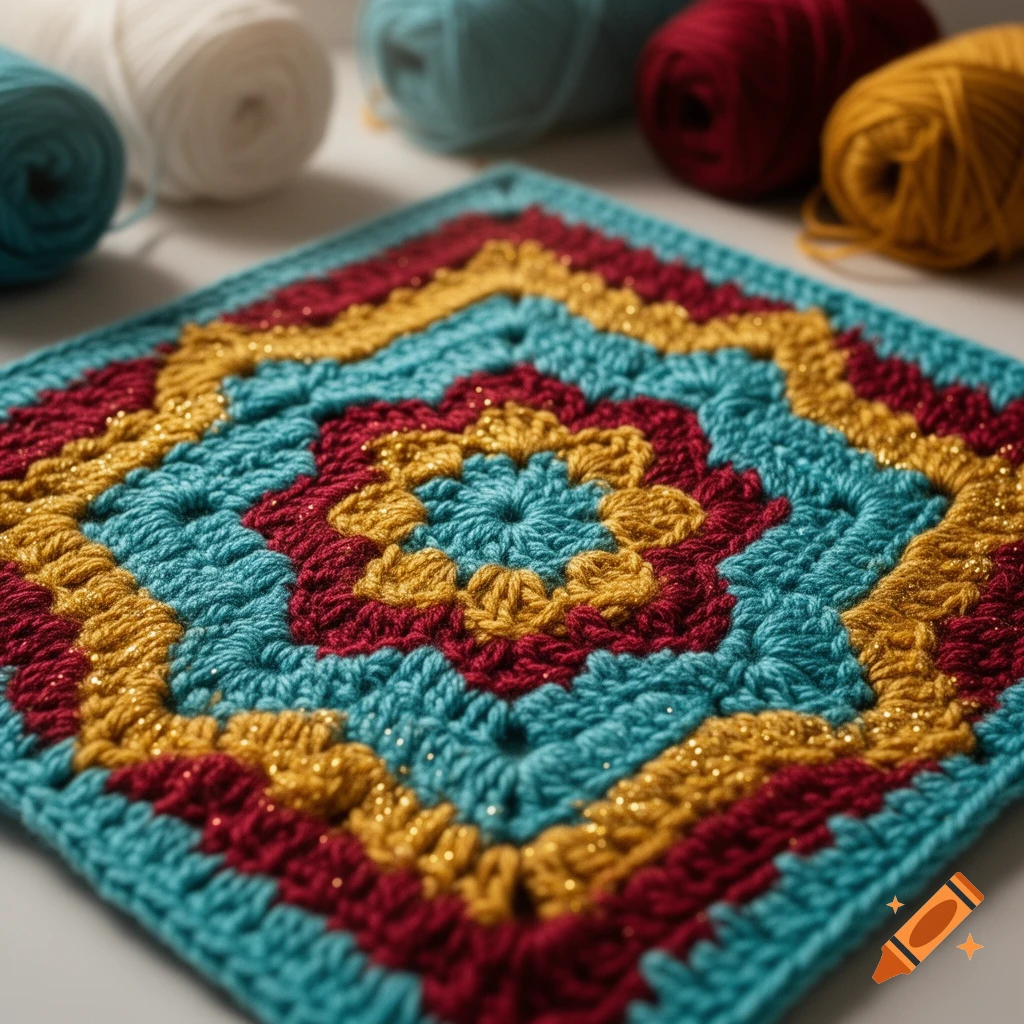 A close-up of a colorful crocheted granny square in teal, deep red, and gold, with yarn balls in the blurred background.