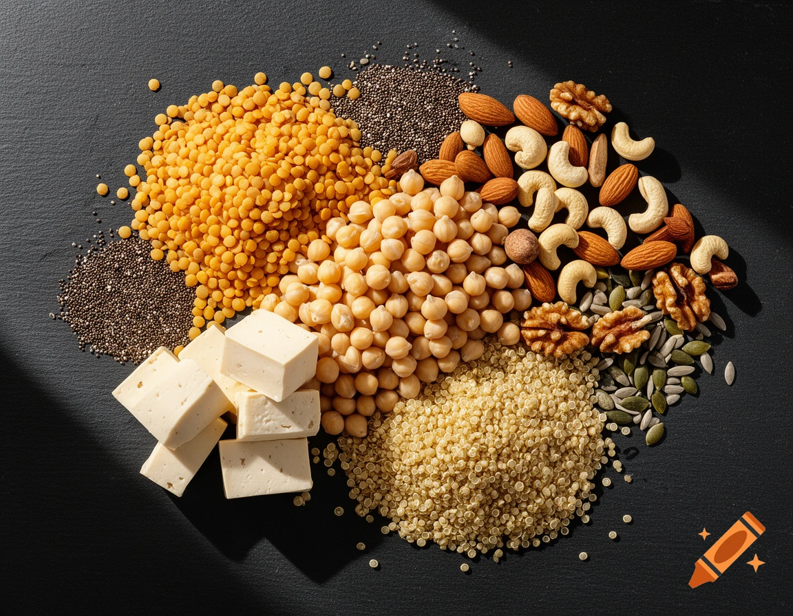 Colorful vegetarian protein foods flat lay: lentils, chickpeas, tofu, quinoa, mixed nuts, and seeds on a dark slate background.