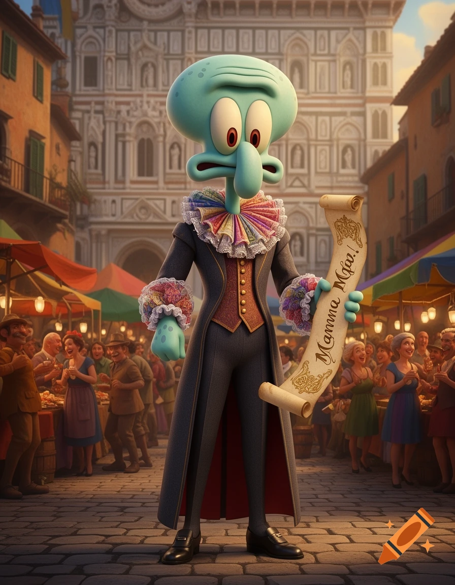 Squidward Tentacles in historical attire holds a 'Mamma Mia!' scroll in a bustling Italian market square with a grand building.