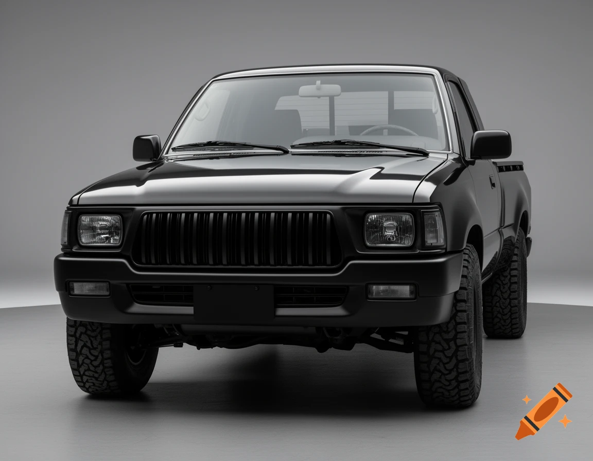 A professional automotive photo of a black 1991 Toyota Hilux 2WD pickup truck with a custom matte black grille, viewed from the front.