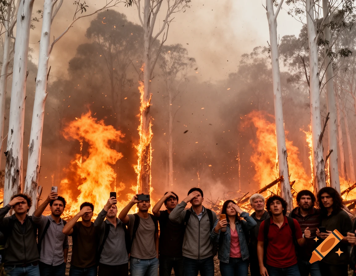 People watching a large wildfire burning through a white forest, photorealistic style.
