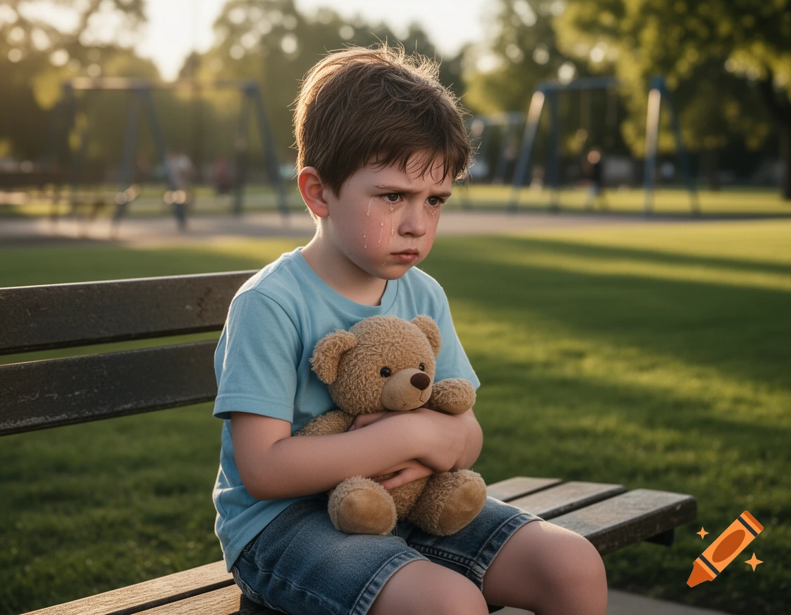 A young boy with tears running down his face sits on a park bench, hugging a teddy bear. Photorealistic.