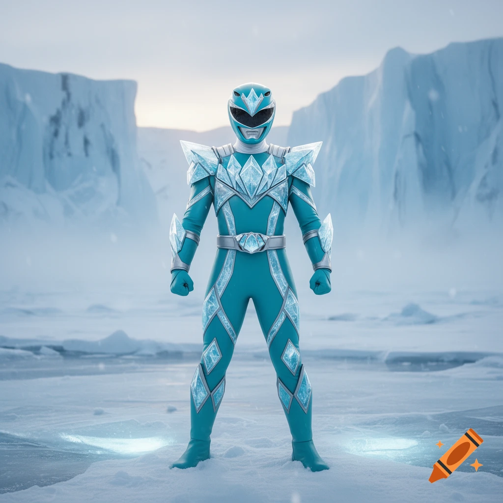 A cyan Power Ranger-like figure with a crystalline motif stands in a snowy, icy landscape.