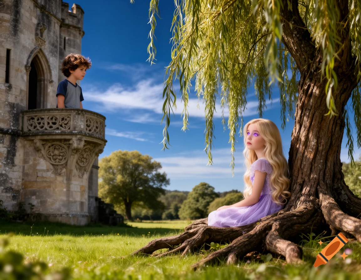 A boy in a castle balcony looks at a girl with blonde hair and lavender eyes sitting under a willow tree in a grassy field.