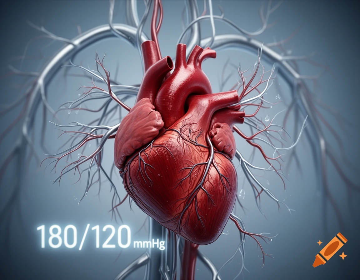 A detailed 3D rendering of a human heart and major blood vessels with "180/120 mmHg" displayed.