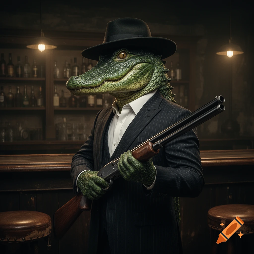 A photorealistic alligator dressed in a pinstripe suit and fedora, holding a shotgun in a dimly lit bar.