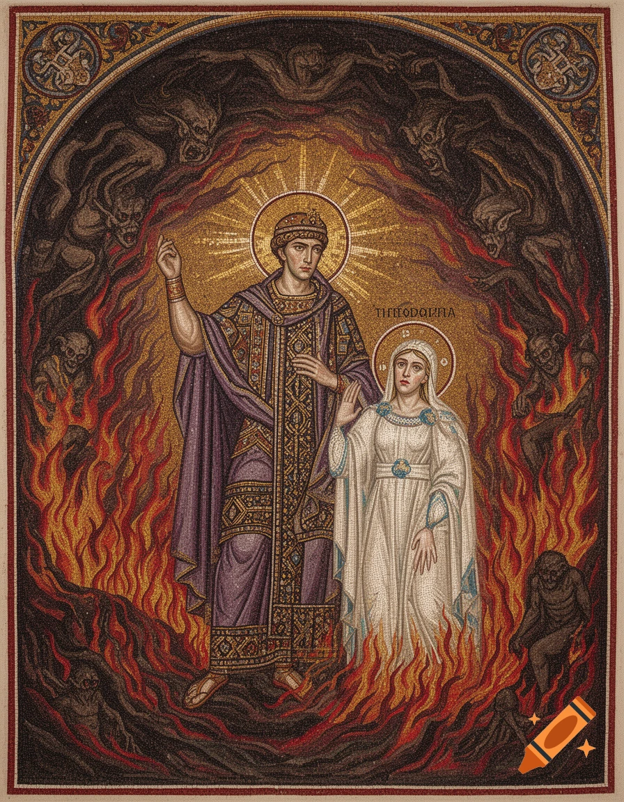 An Eastern Roman mosaic depicts Justinian and Theodora, surrounded by flames and demonic figures in a scene of salvation.