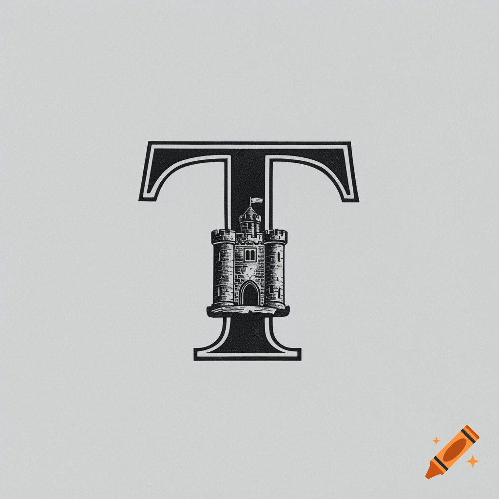 A stylized linoprint drop cap letter T featuring a small English castle keep within its vertical stroke, on a light grey background.