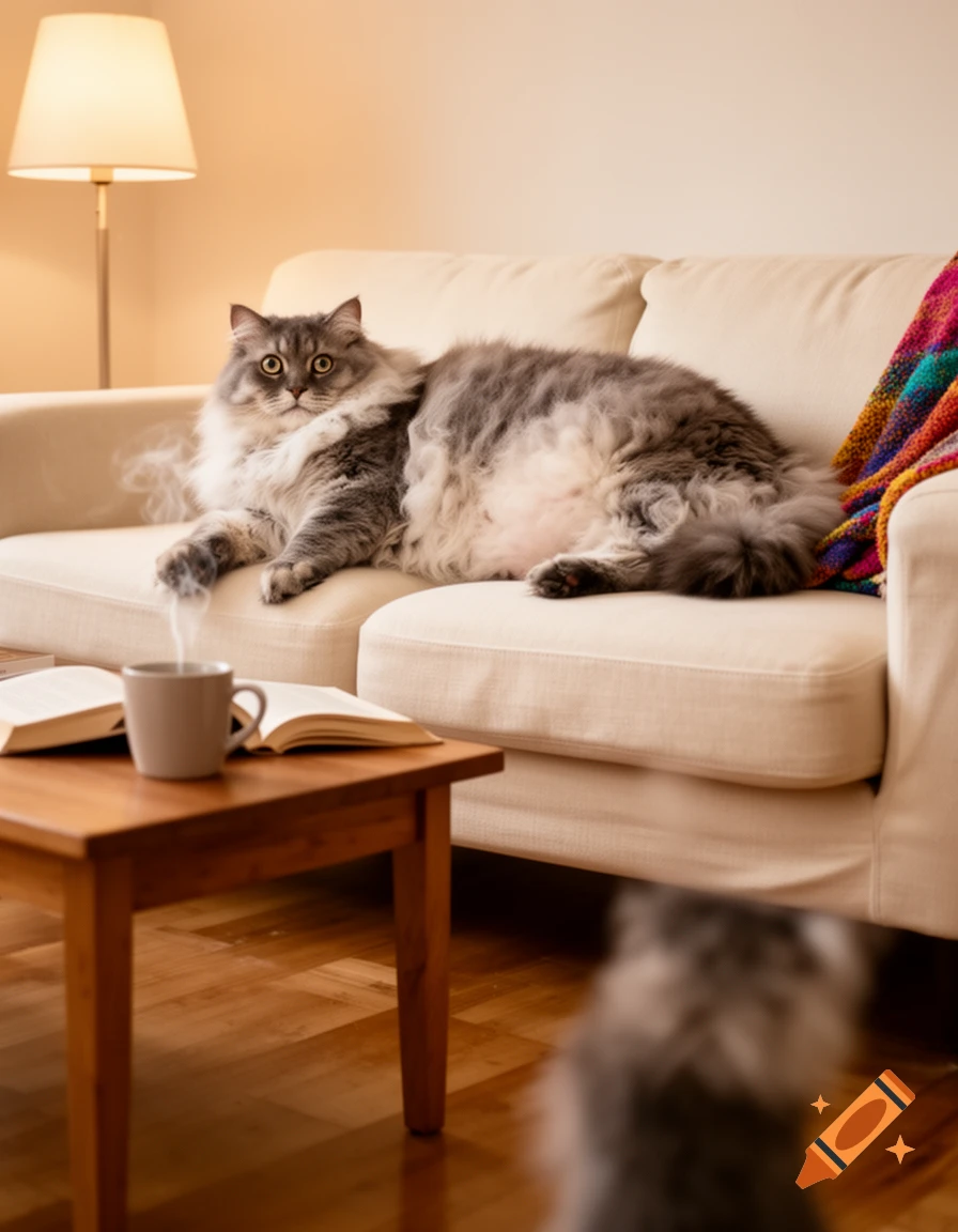 A fluffy grey cat with large eyes lies on a cream sofa, with a steaming cup and open book on a wooden coffee table nearby.