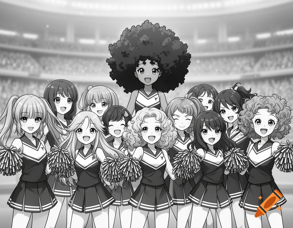 A group of diverse anime-style cheerleaders in grayscale uniforms smiling and holding pom-poms in a stadium.