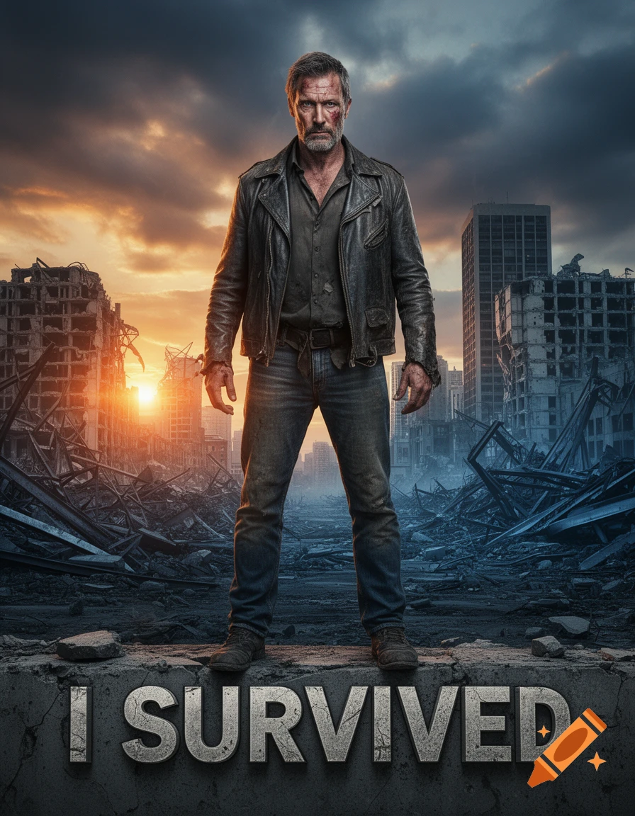 A weathered man in a leather jacket stands amidst a destroyed city at sunset, with "I SURVIVED" at his feet, in a photorealistic style.