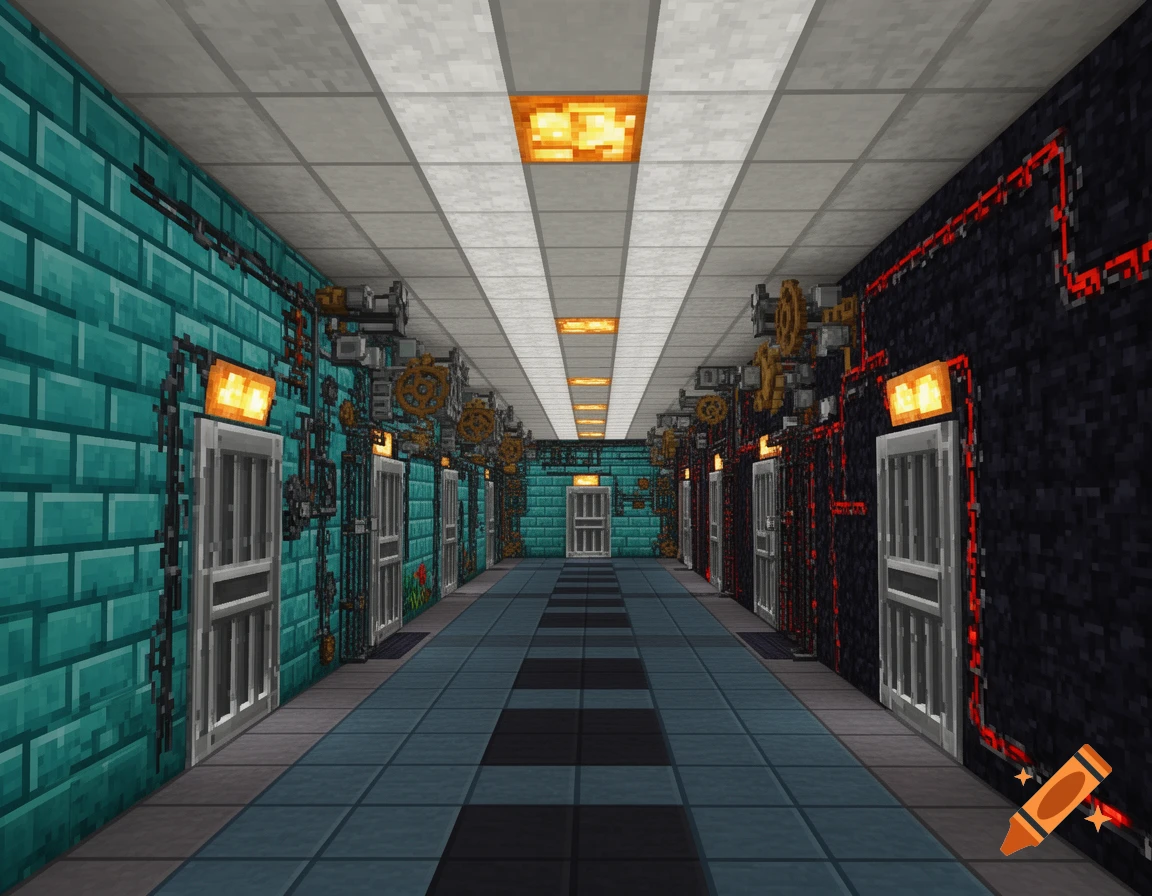 A long, pixelated Minecraft-style hallway with teal and dark grey brick walls, industrial pipes, gears, and multiple doors along the sides, lit by orange ceiling lights.