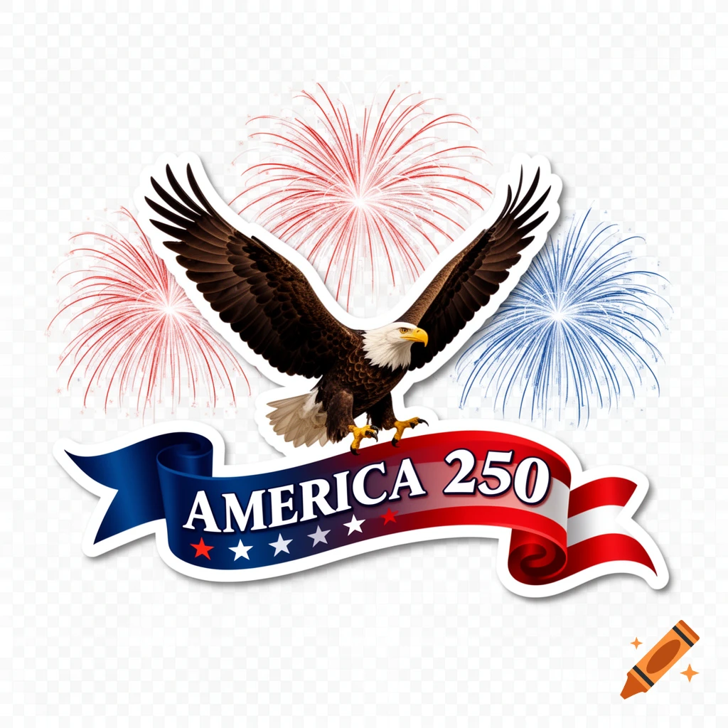 A patriotic sticker featuring a bald eagle, red and blue fireworks, and a banner with "AMERICA 250" and stars.