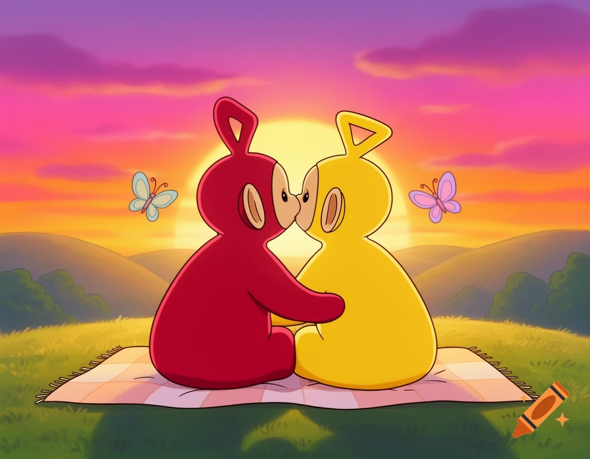 Red and yellow Teletubbies on a blanket, smooching at sunset in a cute 90s cartoon style with butterflies.