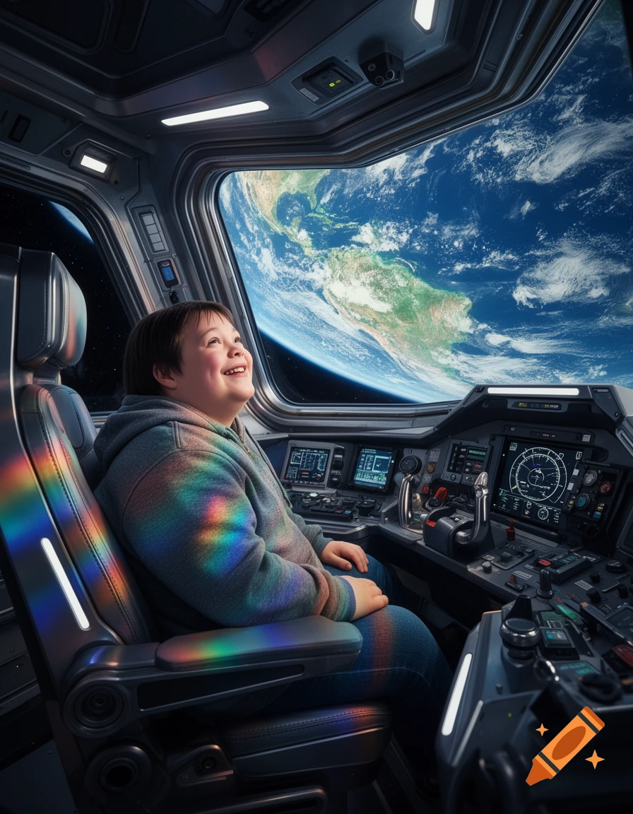 A smiling child sits in a spaceship cockpit, gazing at Earth through a window, with rainbow light reflecting on them. Photorealistic.
