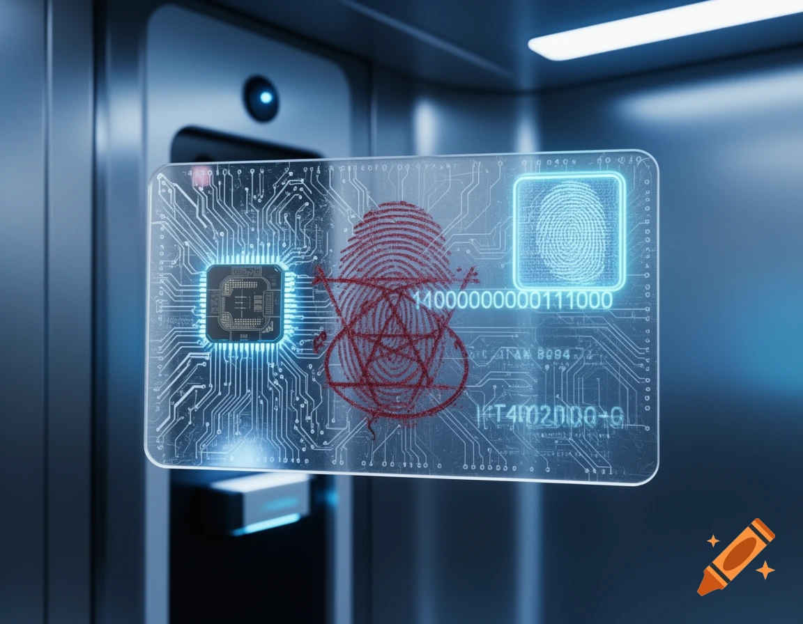 A futuristic translucent digital ID card with a glowing circuit board, an embedded chip, fingerprints, binary code, and a red atom symbol, against a blurred metallic background.
