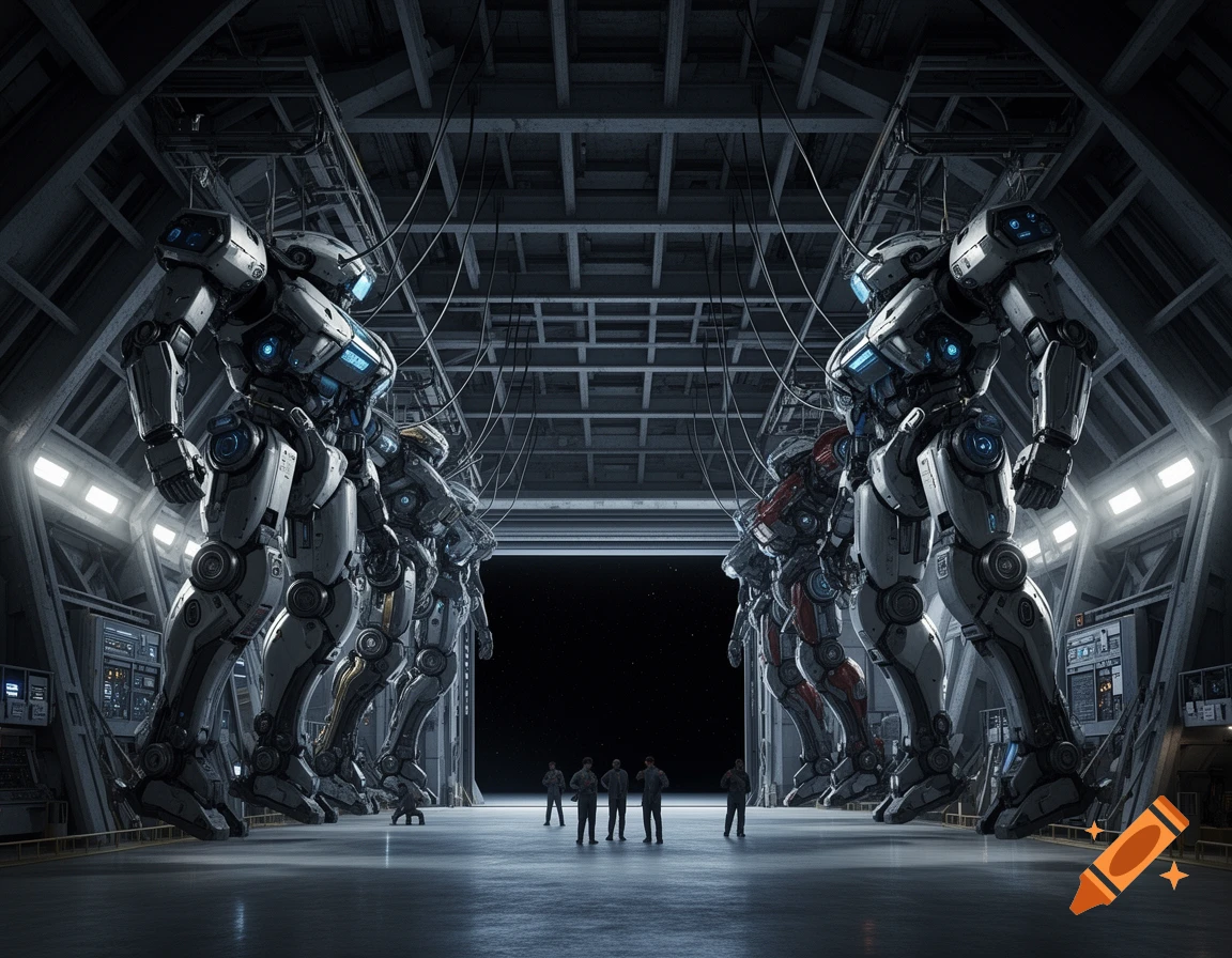 Giant sci-fi mechs stand in a futuristic hangar, surrounded by scaffolding and small human figures.