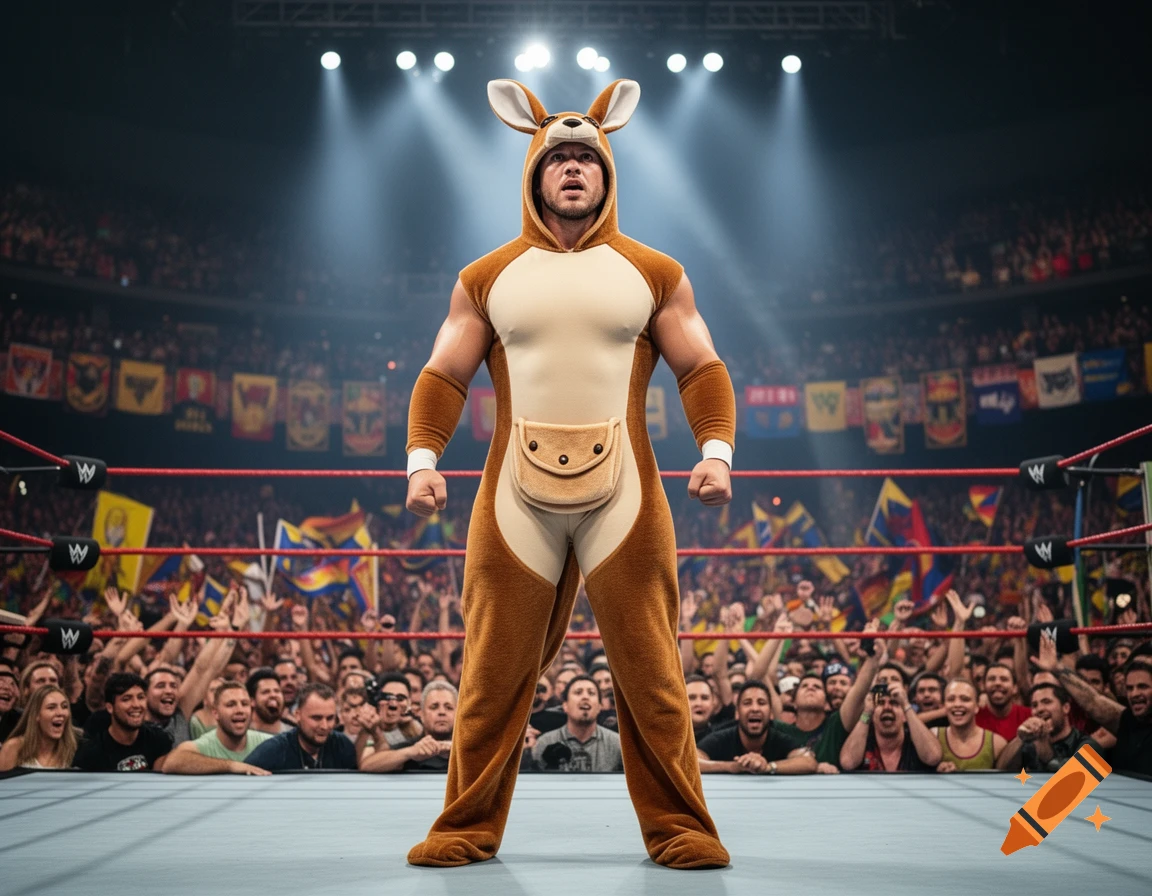 A muscular wrestler in a full kangaroo costume stands in a brightly lit wrestling ring before a cheering crowd, photorealistic.