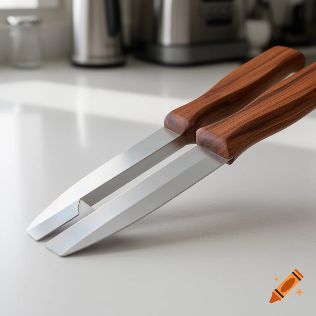 Photorealistic image of a unique kitchen tool with two parallel metal blades and zelkova wood handles, on a white countertop.
