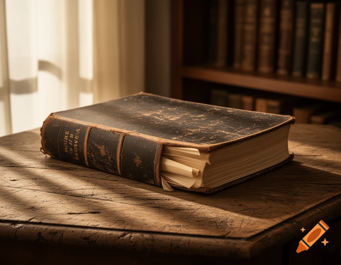 Photorealistic image of an old, worn brown leather book on a rustic wooden table, illuminated by sunlight from a window, with blurred bookshelves in the background.