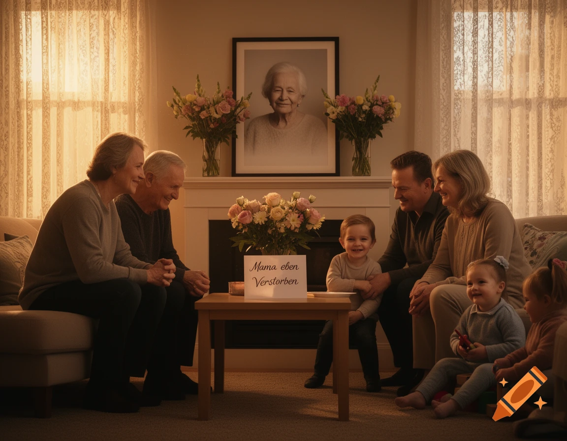 A multi-generational family gathers in a living room around a table with flowers and a card that reads "Mama eben Verstorben" (Mom just passed away). A framed portrait of an elderly woman hangs above the fireplace.