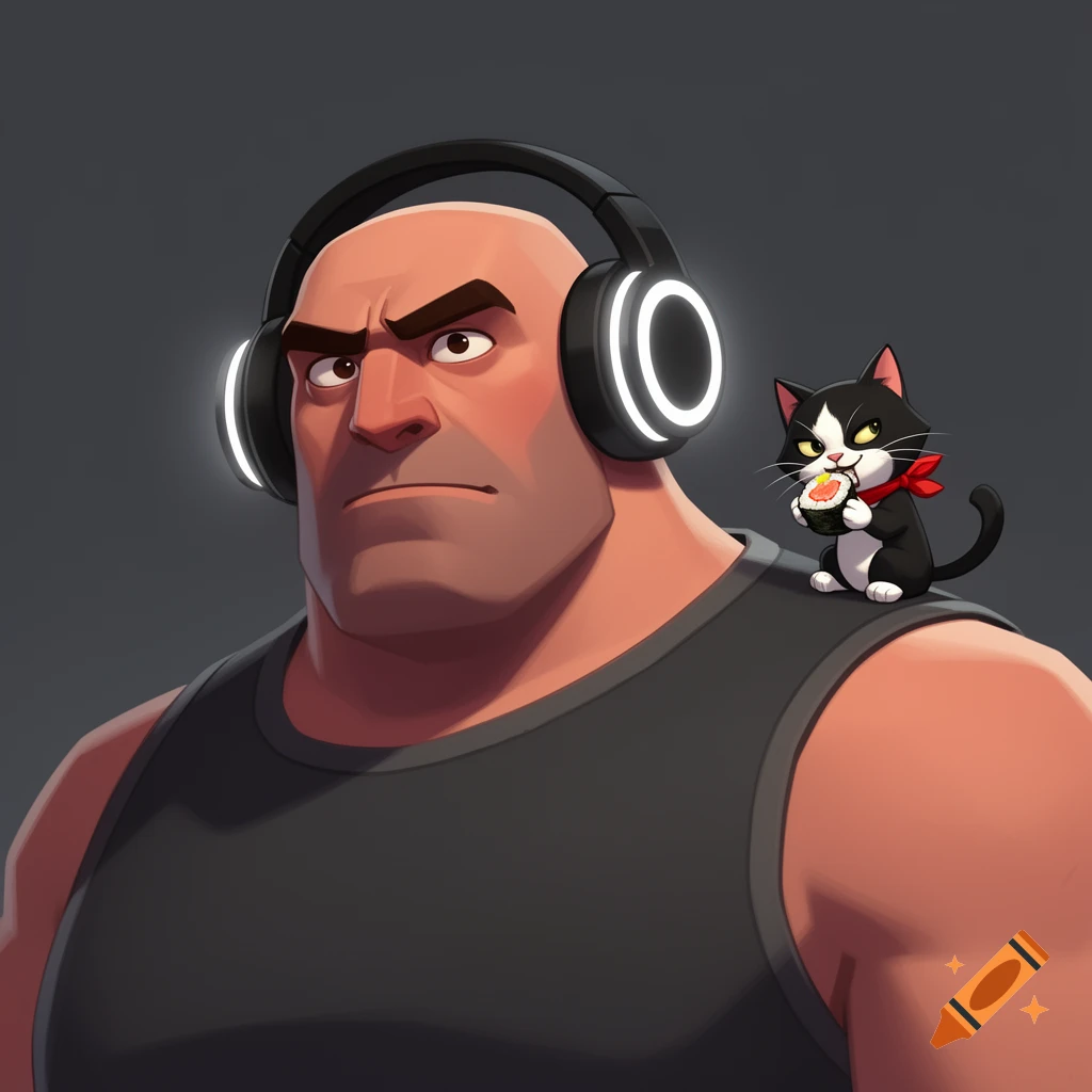 A cel-shaded cartoon of a muscular bald man in a tank top and glowing headphones, with a small black and white cat on his shoulder eating sushi.