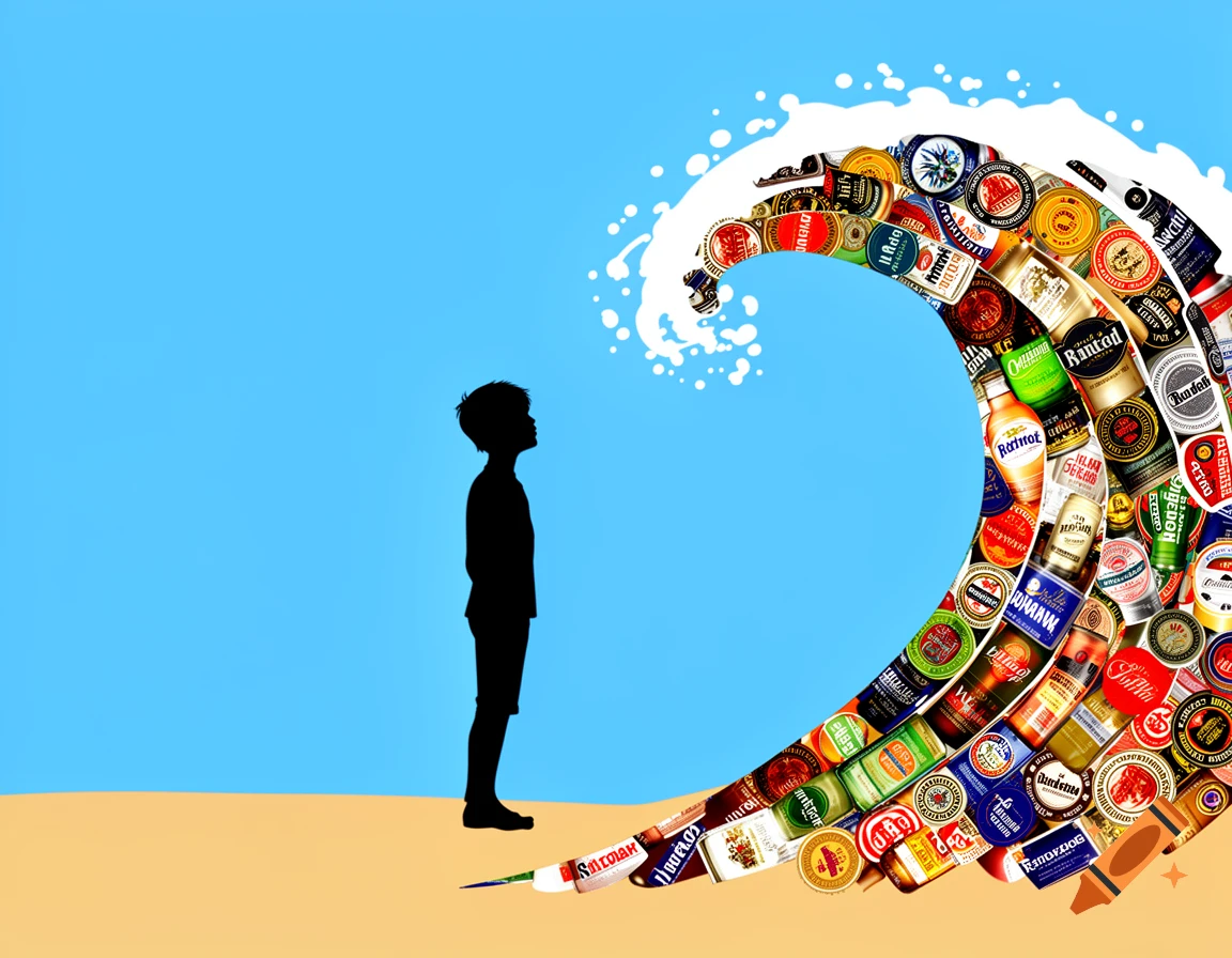Stylized graphic illustration of a youth silhouette on a beach, facing a breaking wave composed of colorful alcohol bottles and logos.