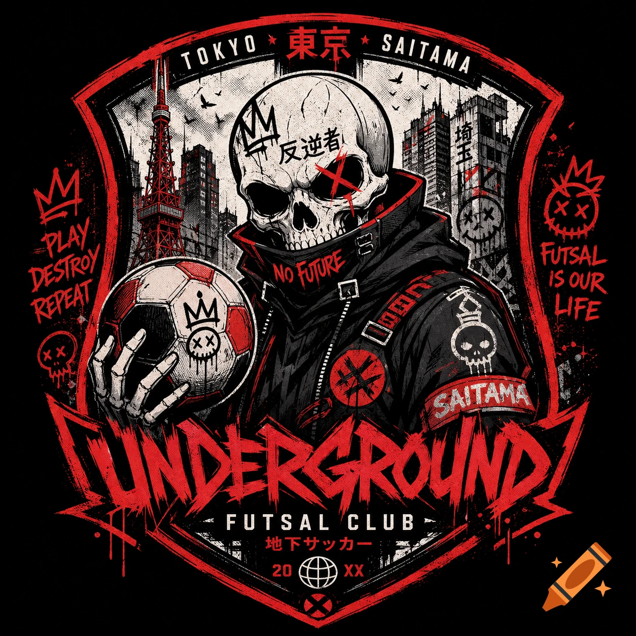 A stylized futsal emblem features a skull in a biker jacket holding a soccer ball, with the Tokyo Tower and city buildings in the background. Text includes 'UNDERGROUND FUTSAL CLUB' and 'NO FUTURE'.