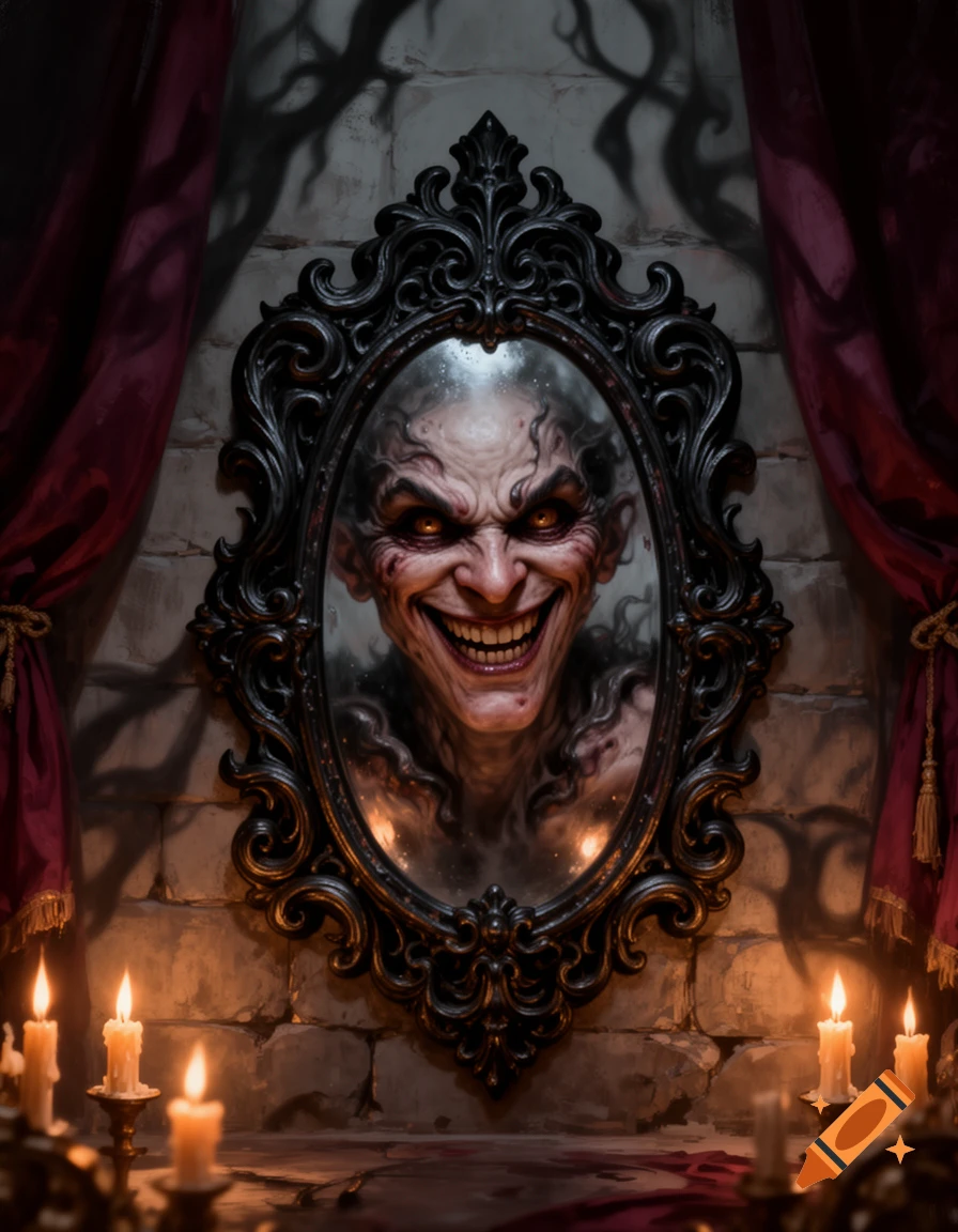 An evil, grinning face with glowing yellow eyes reflected in an ornate gothic mirror, surrounded by burning candles in a dark, stony room.