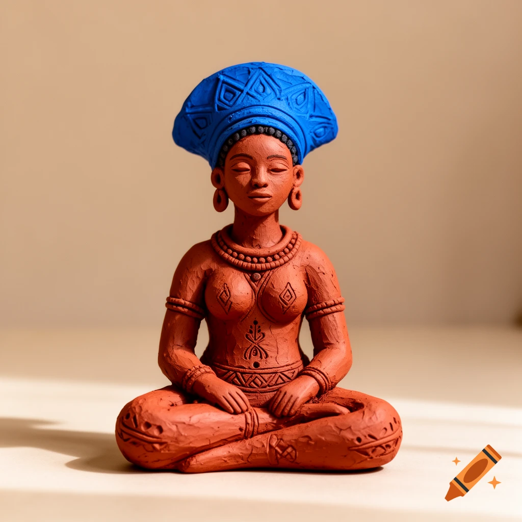 A red clay sculpture of an African woman meditating, adorned with a blue headdress and intricate patterns.