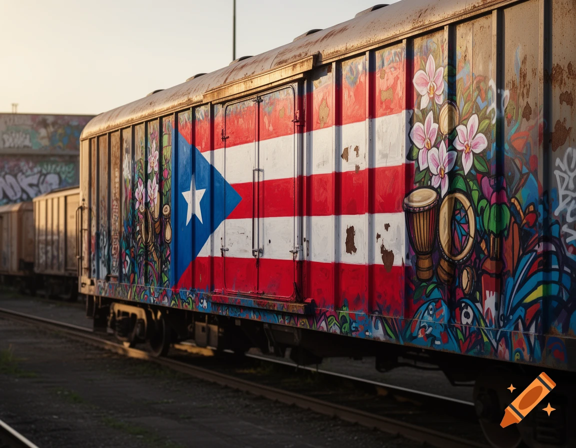 A train car covered in colorful graffiti featuring the Puerto Rican flag, orchids, and drums, in a railyard at sunset.