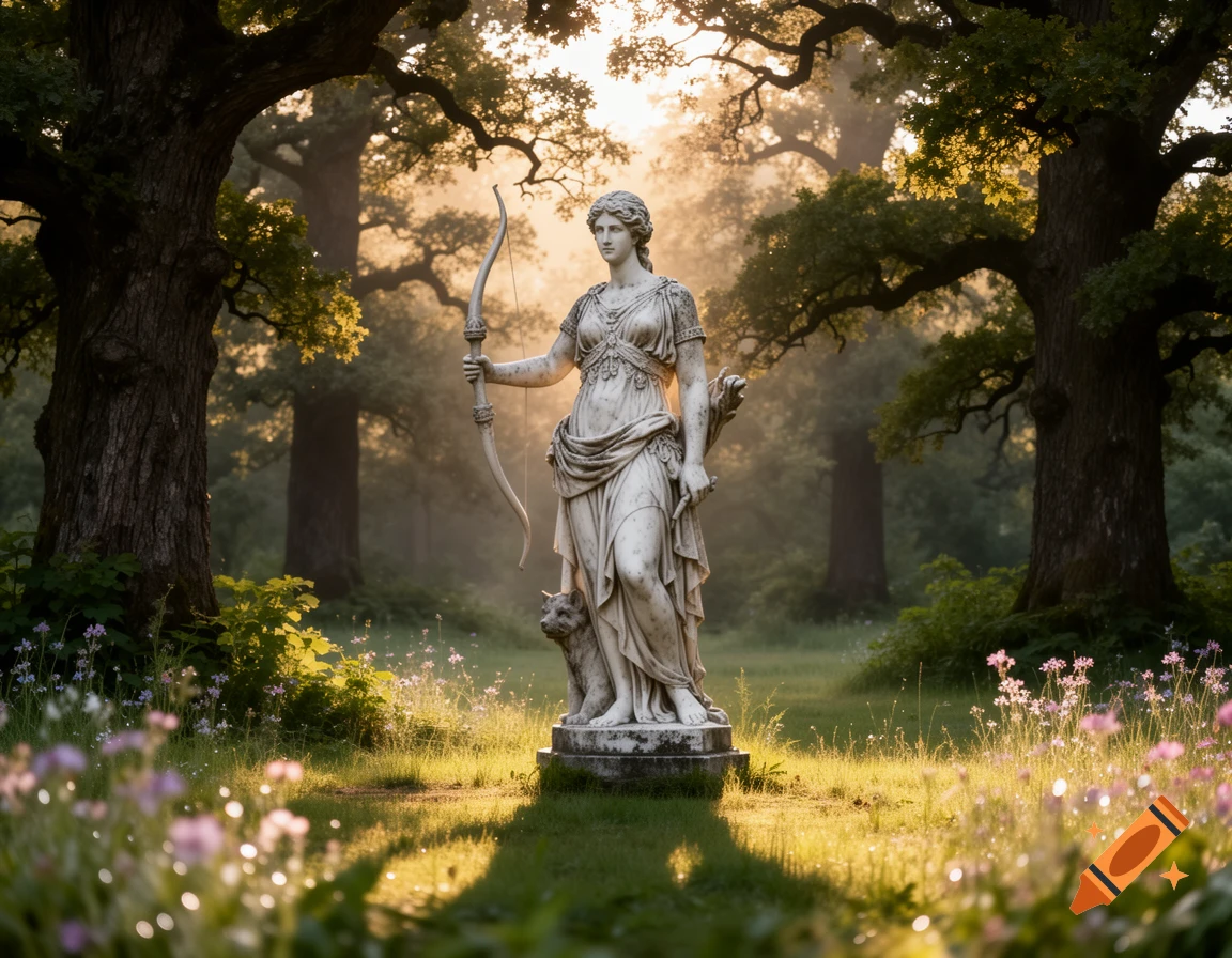 Classical marble statue of a goddess with a bow and wolf in a sun-dappled forest clearing with wildflowers.