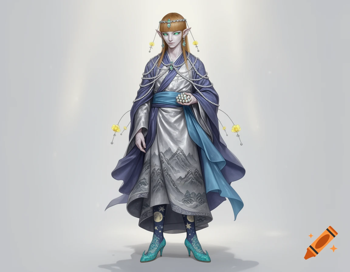 An ageless elf with pointed ears, celadon eyes, wearing an ornate blue and silver kimono with pearl chains and moon socks, holding tiny eggs.