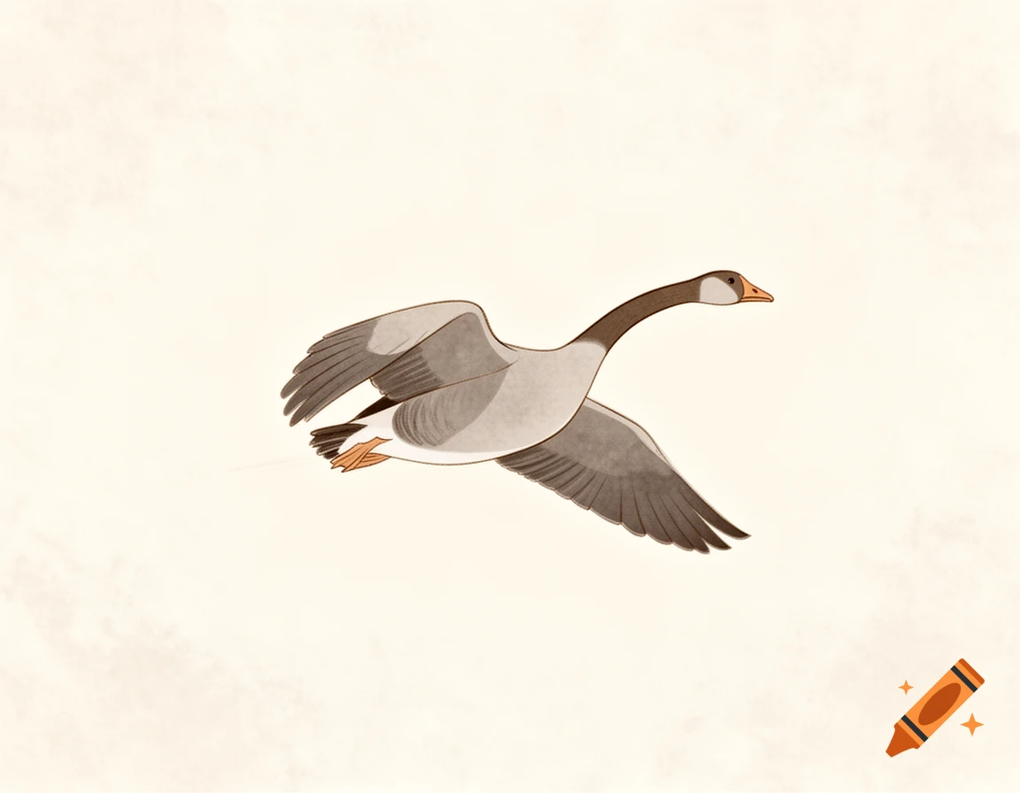 A stylized drawing of a graylag goose in flight, viewed from a side perspective against a light, textured background.