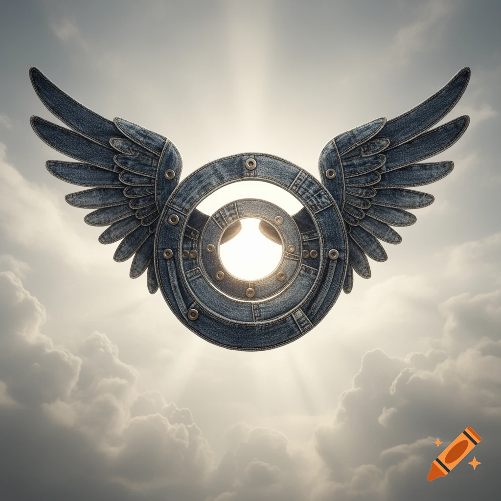 A denim-winged, ring-shaped figure with rivets, shining brightly against a cloudy sky with sun rays.