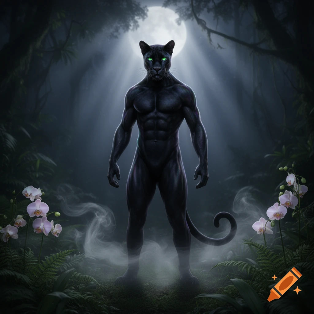 Muscular humanoid black panther with glowing green eyes stands in a dark, misty jungle under a full moon, with pink orchids.