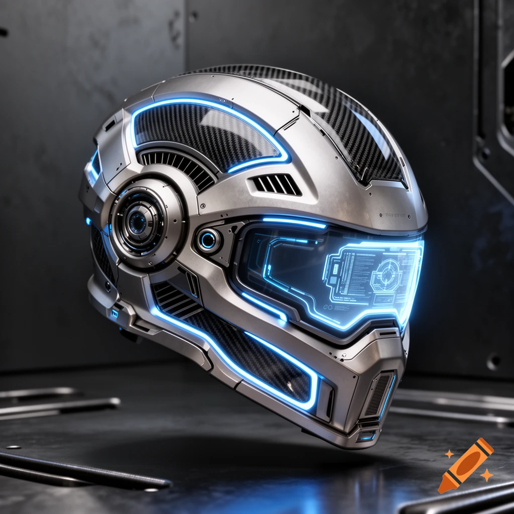 Detailed futuristic sci-fi helmet with silver and carbon fiber, glowing blue lights, and a digital visor display.