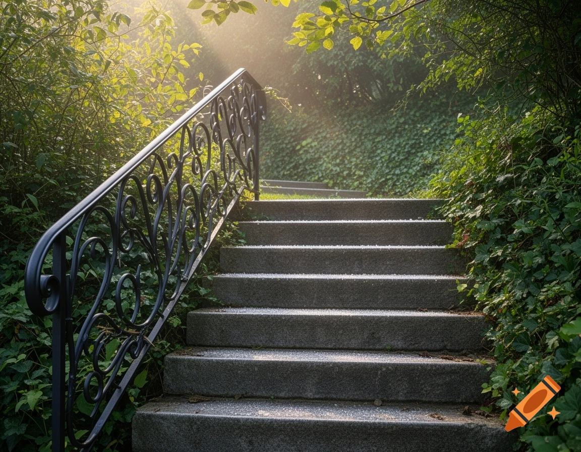 Stone stairs with an ornate black railing, surrounded by lush green foliage and sunbeams filtering through trees.