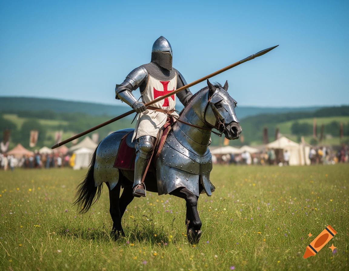 A crusader knight in full armor rides a barded horse across a sunny green field, holding a lance with a fair in the background.