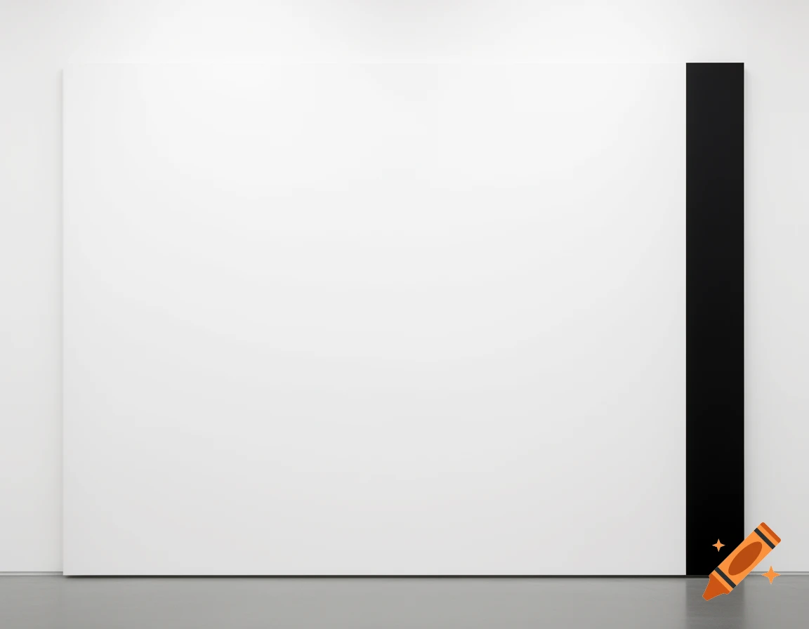 A large white minimalist abstract painting with a narrow black vertical stripe on the right edge.