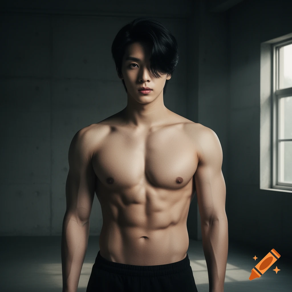 A photorealistic portrait of a shirtless Korean man with dark hair and a muscular physique, standing in a dimly lit room.